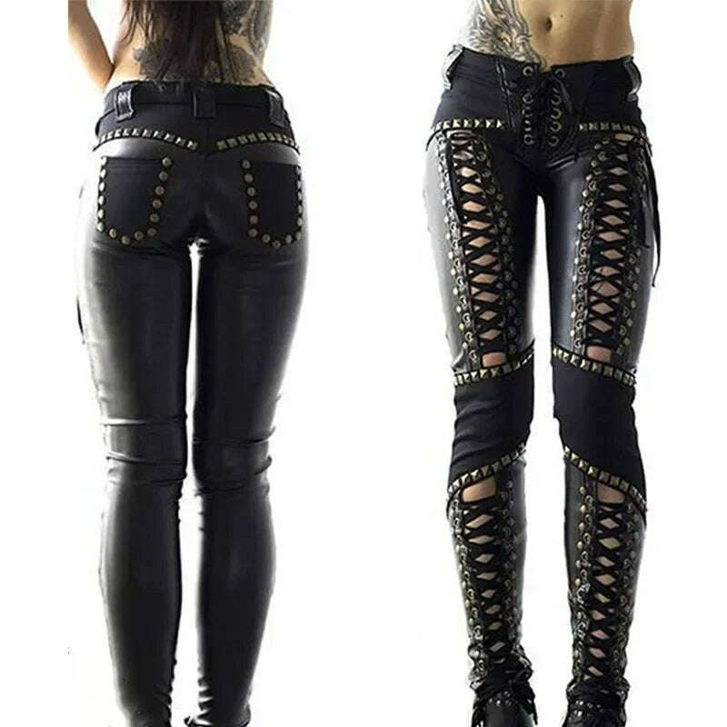 KIMLUD, Women Pants Punk Rock Imitation Leather Pencil Pants New Sexy Hollow Out Bandage Leggings Streetwear Women's Pants, KIMLUD Womens Clothes