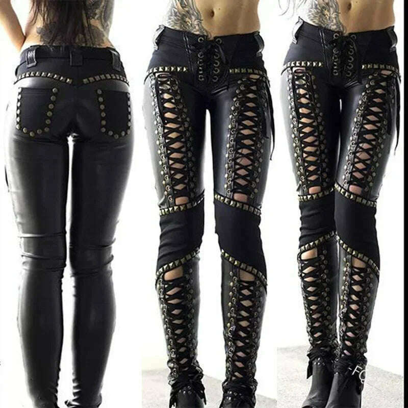 Women Pants Punk Rock Imitation Leather Pencil Pants New Sexy Hollow Out Bandage Leggings Streetwear Women's Pants - KIMLUD