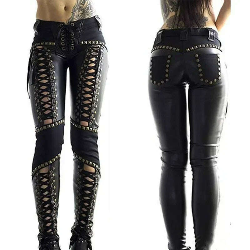 Women Pants Punk Rock Imitation Leather Pencil Pants New Sexy Hollow Out Bandage Leggings Streetwear Women's Pants - KIMLUD