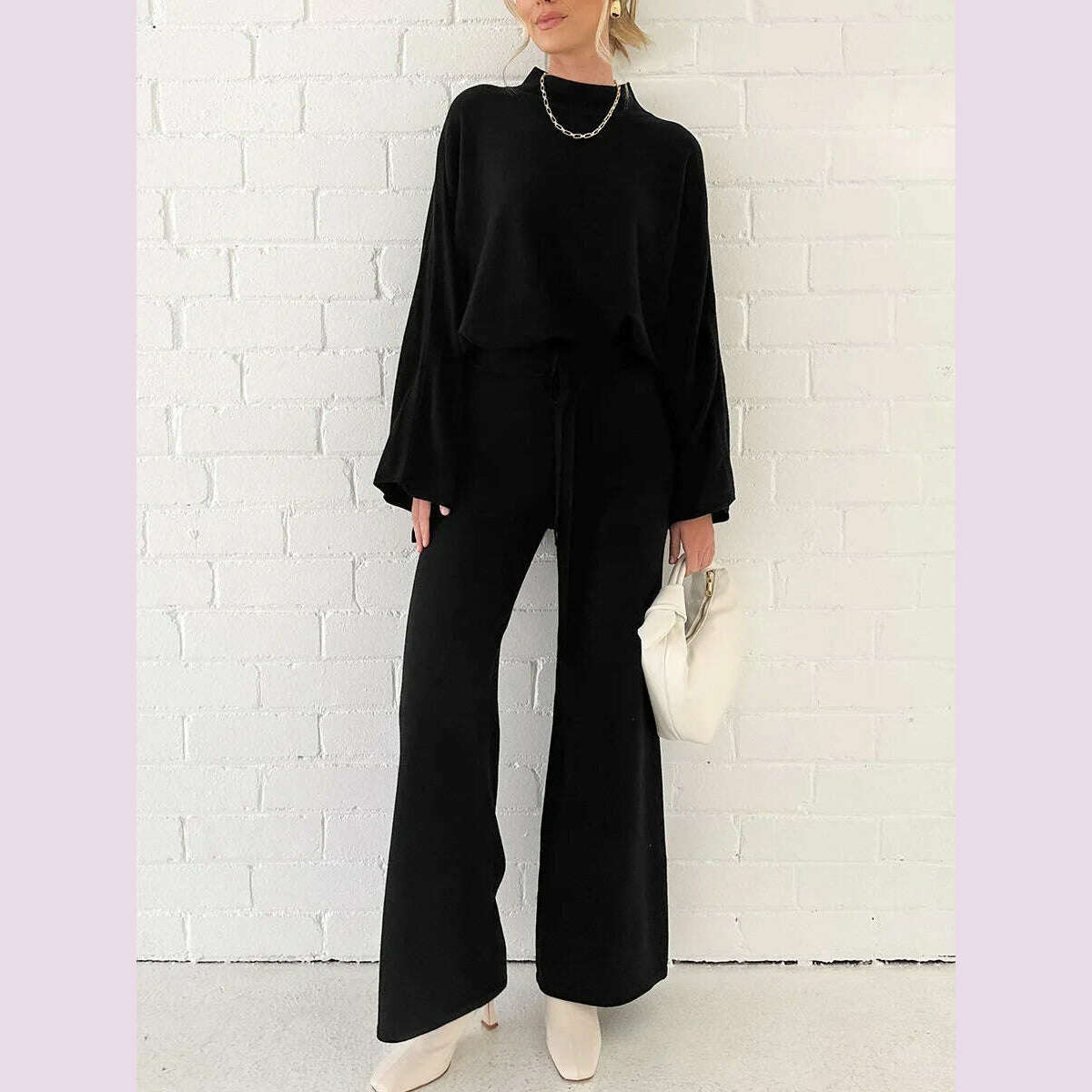 KIMLUD, Women Pants Suit Elegant Long Sleeve Semi-high Collar Sweater with Wide Leg Pants Fall Outfit, KIMLUD Womens Clothes