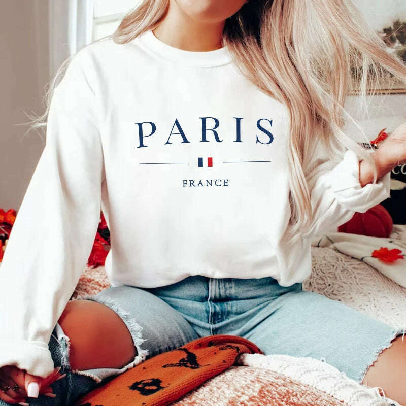 KIMLUD, Women Paris Letters Print Pullover Hoodies Fleece Warm Casual Round Neck Sweatshirt Female Designer Loose Hoody Lady Clothing, KIMLUD Womens Clothes