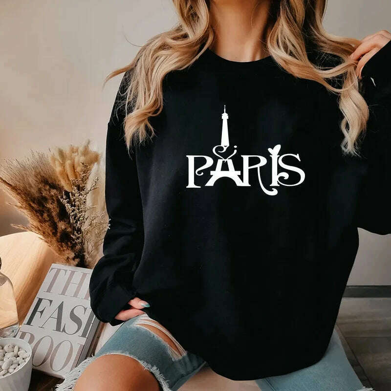 KIMLUD, Women Paris Letters Print Pullover Hoodies Fleece Warm Casual Round Neck Sweatshirt Female Designer Loose Hoody Lady Clothing, KIMLUD Womens Clothes