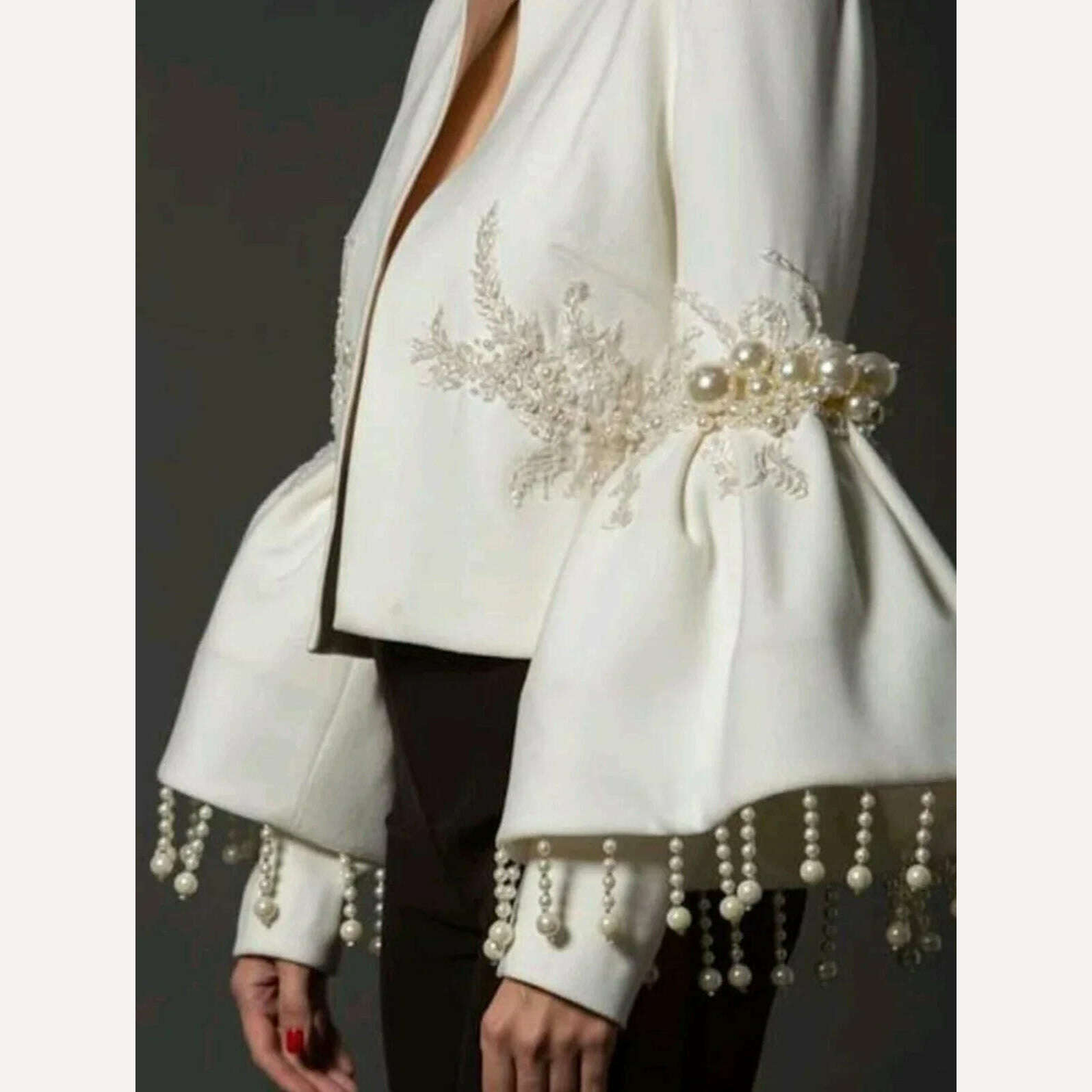 KIMLUD, Women Pearl Tassel Jacket Fashion Elegant Stand Collar Pearl Fringed Decor Embroidery Flare Sleeve Coat Spring Autumn Outwear, KIMLUD Womens Clothes