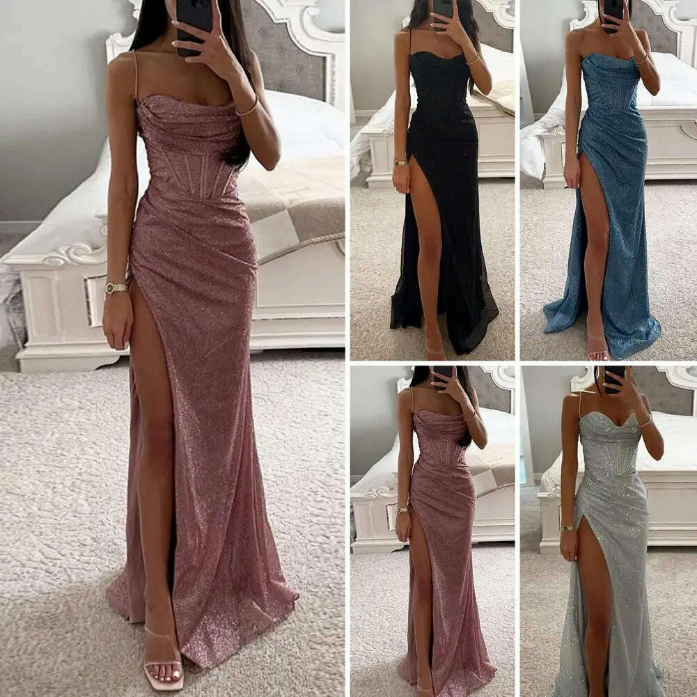 Women Polyester Maxi Dress Elegant Sequin Spaghetti Strap Evening Dress with High Split Off Shoulder Design Women's for Formal - KIMLUD