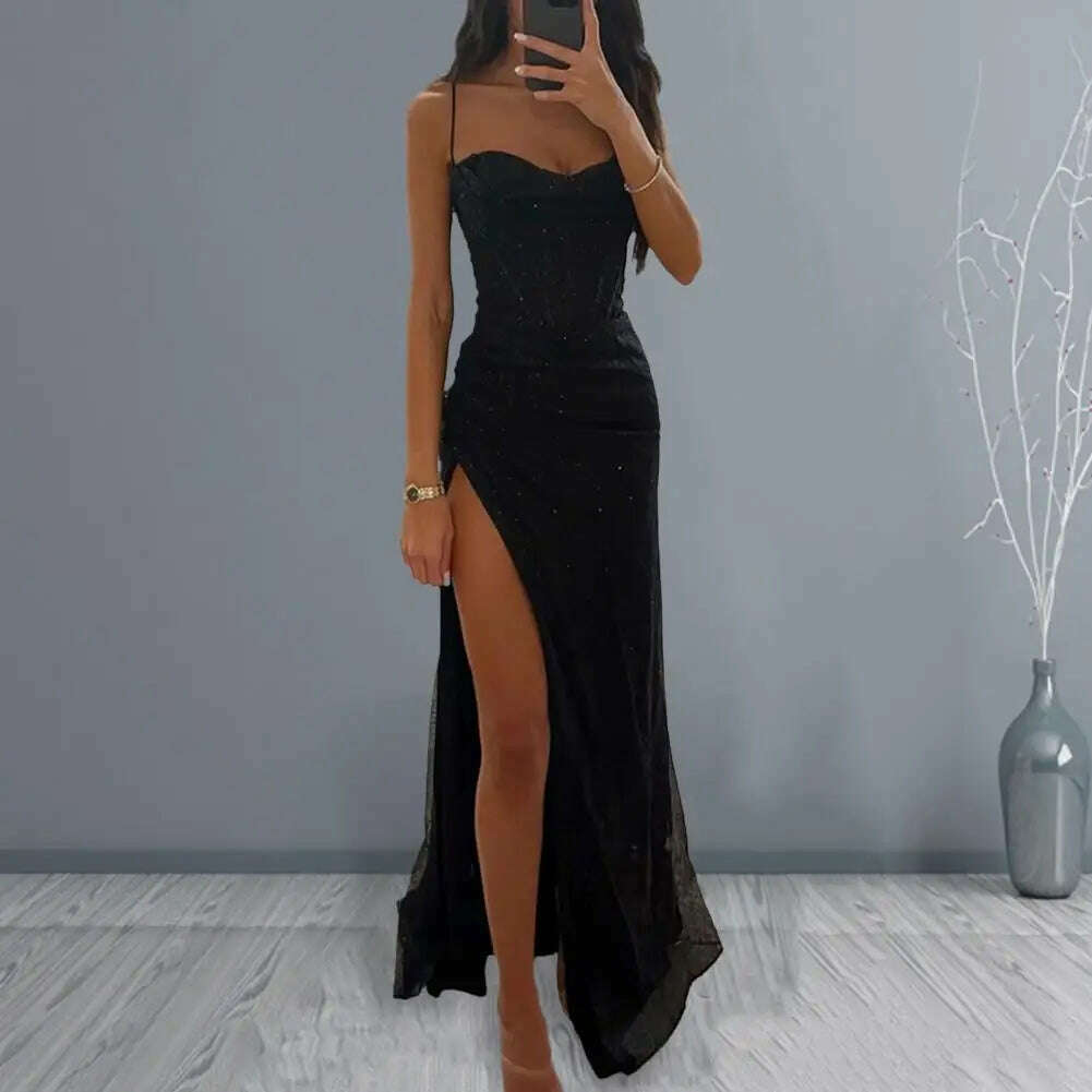 Women Polyester Maxi Dress Elegant Sequin Spaghetti Strap Evening Dress with High Split Off Shoulder Design Women's for Formal - KIMLUD