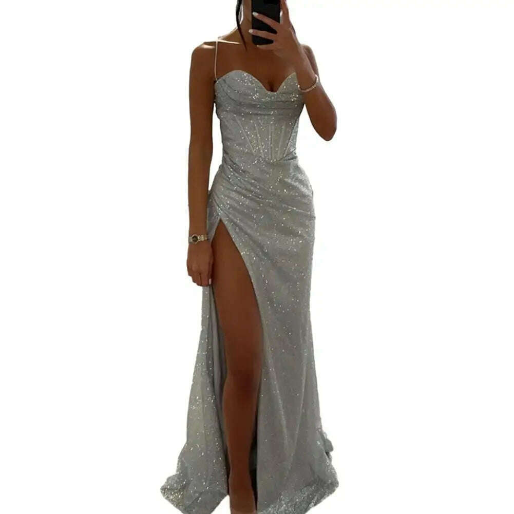 KIMLUD, Women Polyester Maxi Dress Elegant Sequin Spaghetti Strap Evening Dress with High Split Off Shoulder Design Women's for Formal, Silver / M, KIMLUD APPAREL - Womens Clothes