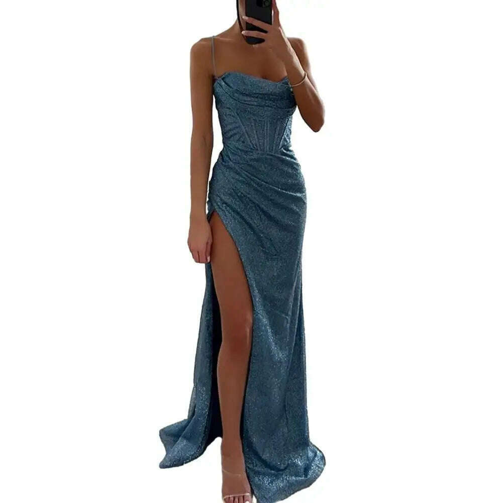 Women Polyester Maxi Dress Elegant Sequin Spaghetti Strap Evening Dress with High Split Off Shoulder Design Women's for Formal - KIMLUD