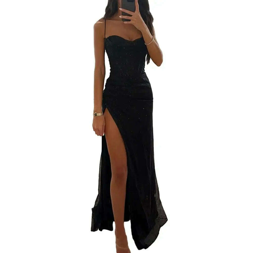 Women Polyester Maxi Dress Elegant Sequin Spaghetti Strap Evening Dress with High Split Off Shoulder Design Women's for Formal - KIMLUD