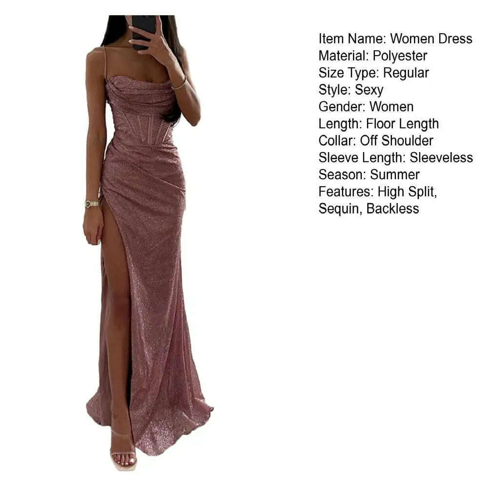 Women Polyester Maxi Dress Elegant Sequin Spaghetti Strap Evening Dress with High Split Off Shoulder Design Women's for Formal - KIMLUD