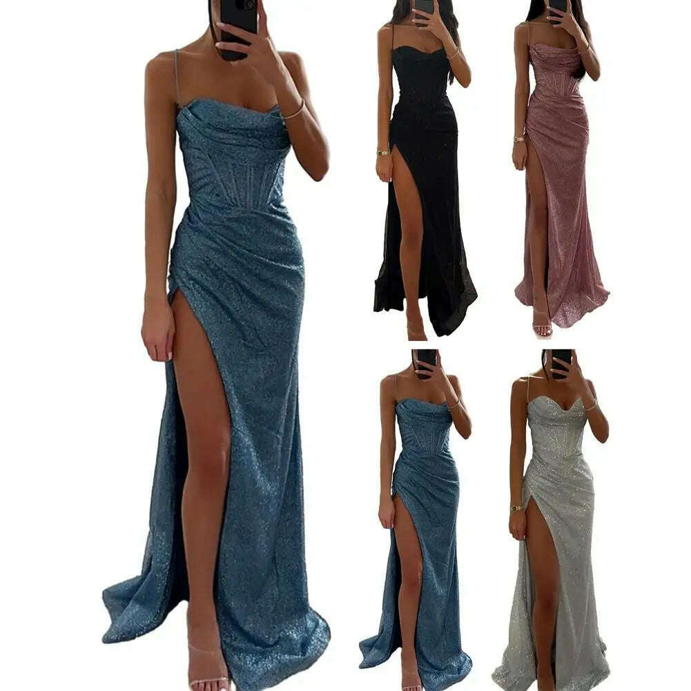 Women Polyester Maxi Dress Elegant Sequin Spaghetti Strap Evening Dress with High Split Off Shoulder Design Women's for Formal - KIMLUD