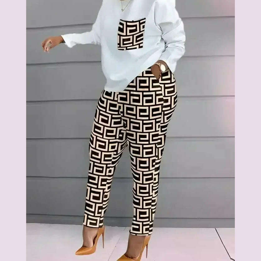 Women Print Two Piece Pant Sets Full Sleeve T Shirts Round Neck Splice Shirt High Waist Trousers Suits Autumn Office Lady - KIMLUD