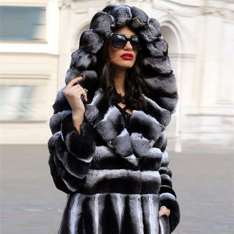 KIMLUD, Women Real Fur Jacket Natural Chinchilla Rex Rabbit Fur Coat 100 cm Long Wholeskin Thick Genuine Rex Rabbit Fur Coats Winter, KIMLUD Womens Clothes