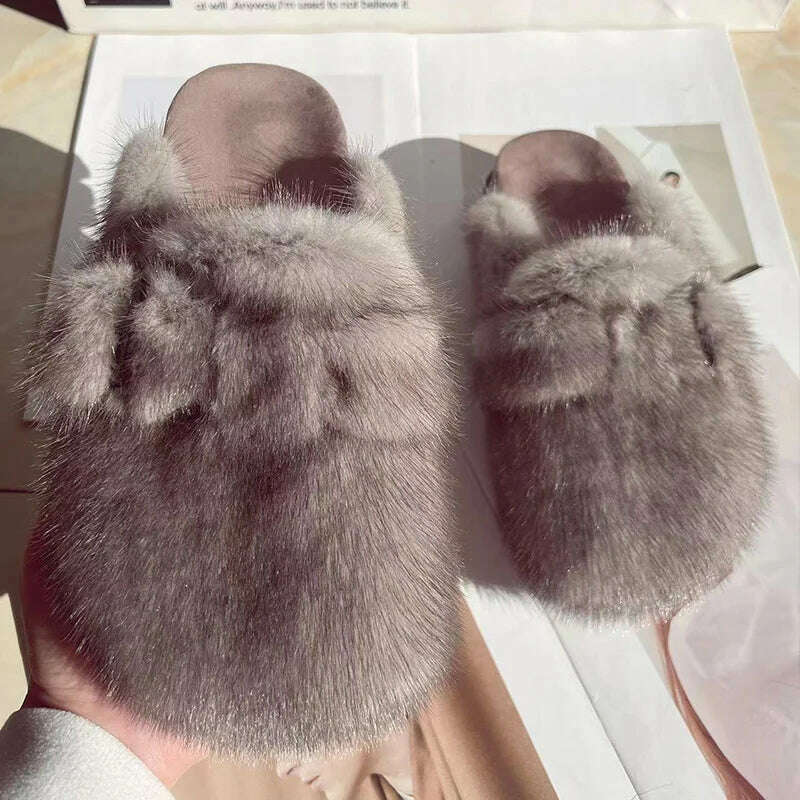 KIMLUD, Women Real Mink Fur Shoes Lady Fashion High Qualiy Natural Fur Slippers Toe Shoes Autumn Winter Slides Mink Mules, KIMLUD Womens Clothes