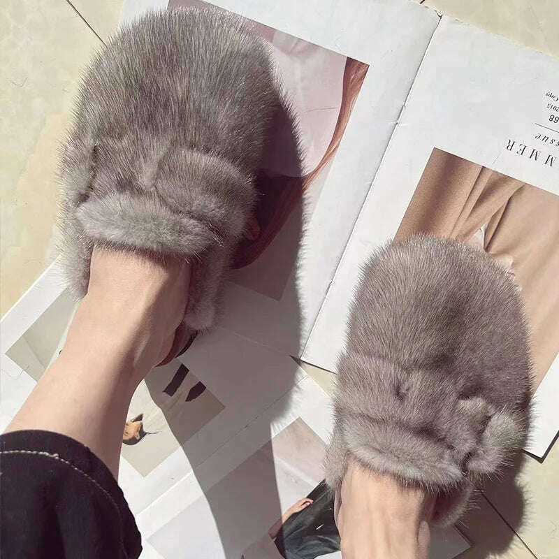 KIMLUD, Women Real Mink Fur Shoes Lady Fashion High Qualiy Natural Fur Slippers Toe Shoes Autumn Winter Slides Mink Mules, KIMLUD Womens Clothes