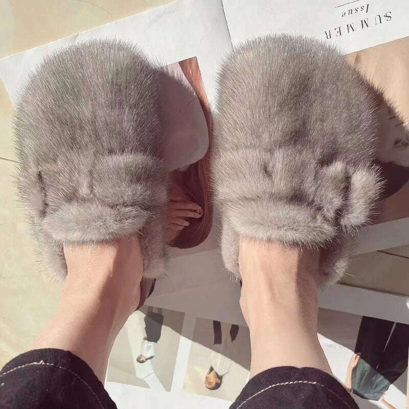 KIMLUD, Women Real Mink Fur Shoes Lady Fashion High Qualiy Natural Fur Slippers Toe Shoes Autumn Winter Slides Mink Mules, 1 / 38 / CHINA, KIMLUD APPAREL - Womens Clothes