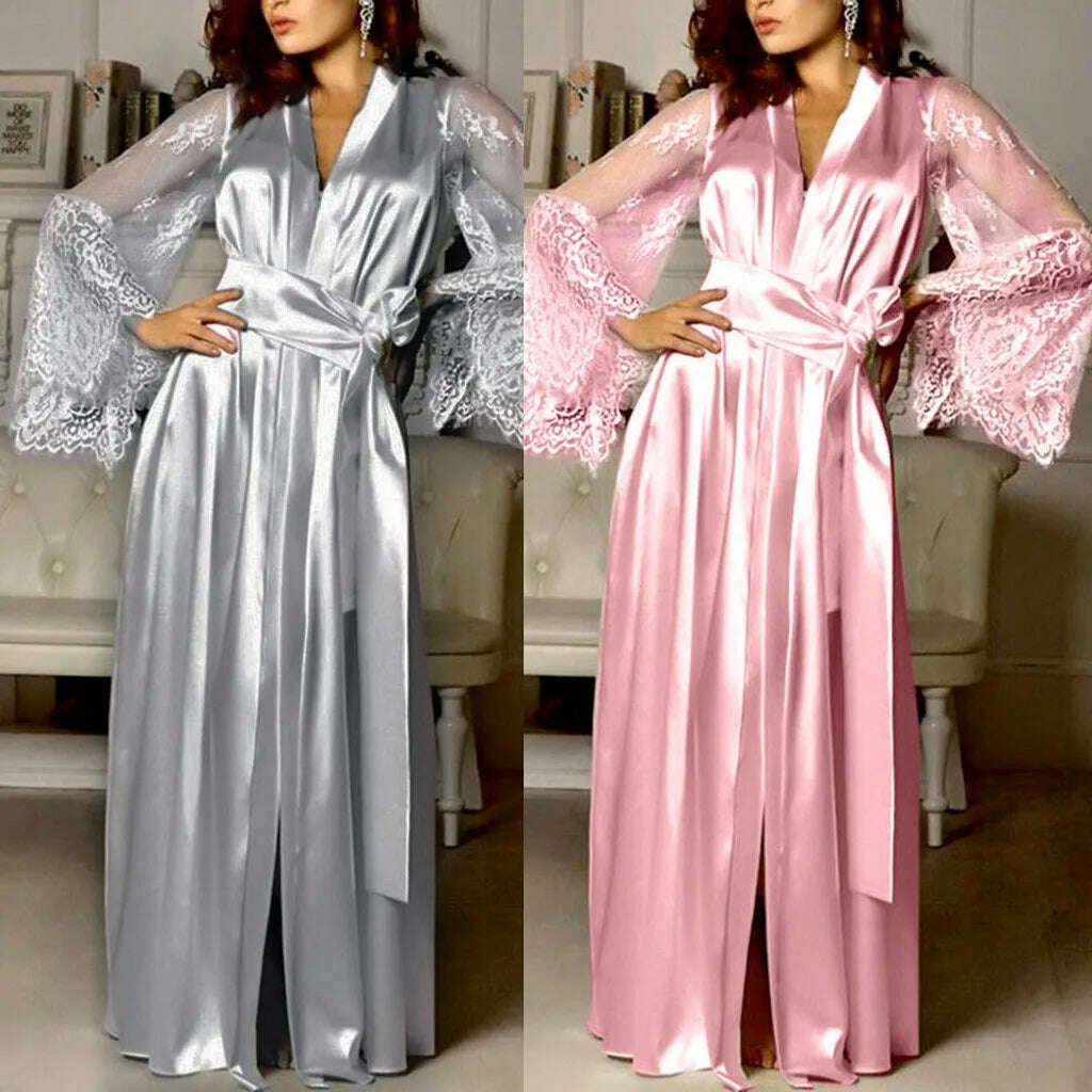 KIMLUD, Women Satin Splicing Embroidery Long Nightgown Silk Lingerie Nightdress Sleepwear Sexy Robe Night Dress Women ночнушка женская, KIMLUD Womens Clothes