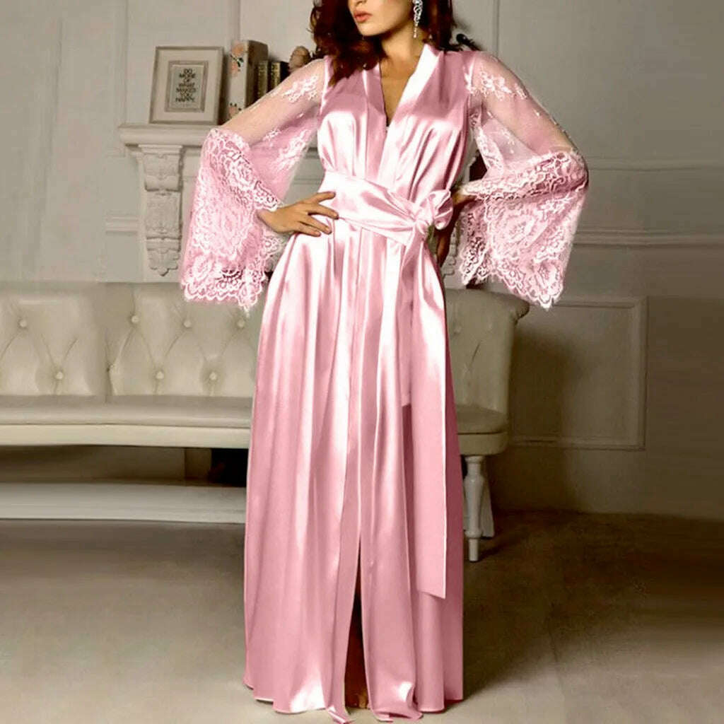 KIMLUD, Women Satin Splicing Embroidery Long Nightgown Silk Lingerie Nightdress Sleepwear Sexy Robe Night Dress Women ночнушка женская, Pink / XL / CHINA, KIMLUD APPAREL - Womens Clothes