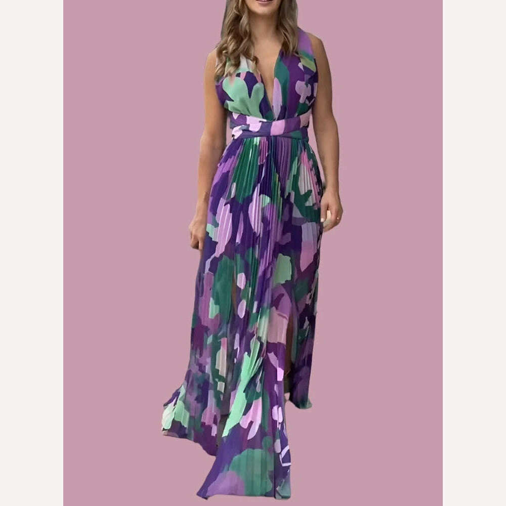 Women Sexy Floral Print Plunge Backless Lace-up Sleeveless Slit Maxi Dress - KIMLUD