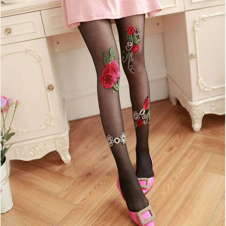 KIMLUD, Women Sexy Pantyhose Tights Rhinestones Opaque Embroidery Flowers Party Dress Style Lace Panty Transparent Silk Stockings Female, 20D black color / One Size, KIMLUD APPAREL - Womens Clothes