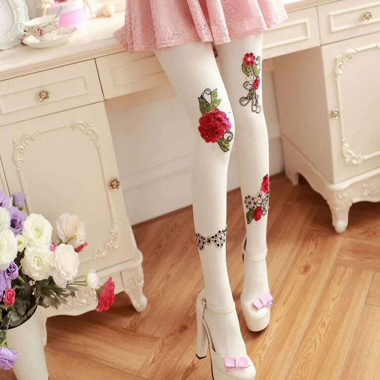 KIMLUD, Women Sexy Pantyhose Tights Rhinestones Opaque Embroidery Flowers Party Dress Style Lace Panty Transparent Silk Stockings Female, 80D white / One Size, KIMLUD APPAREL - Womens Clothes