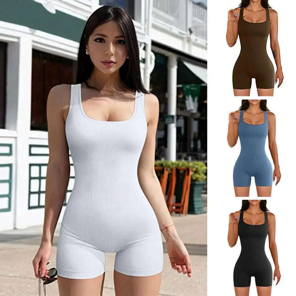 Women Sexy Yoga Ribbed Jumpsuit Short Sleeve Square Neck Slim Fit Bodysuit Yoga Sport Playsuit Breathable Playsuit 2024 - KIMLUD