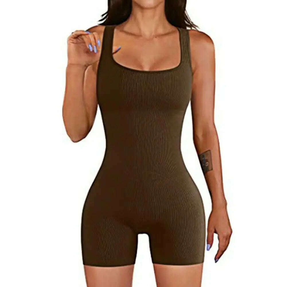 Women Sexy Yoga Ribbed Jumpsuit Short Sleeve Square Neck Slim Fit Bodysuit Yoga Sport Playsuit Breathable Playsuit 2024 - KIMLUD