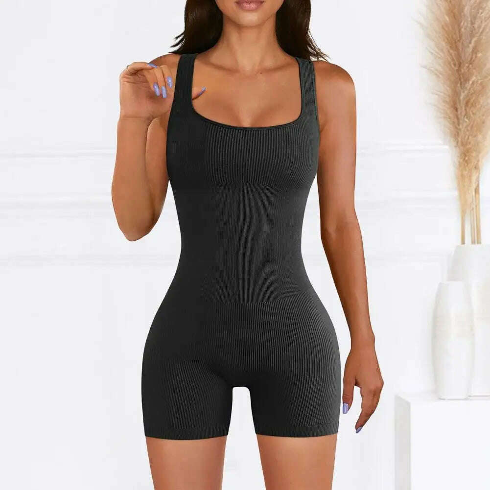 Women Sexy Yoga Ribbed Jumpsuit Short Sleeve Square Neck Slim Fit Bodysuit Yoga Sport Playsuit Breathable Playsuit 2024 - KIMLUD