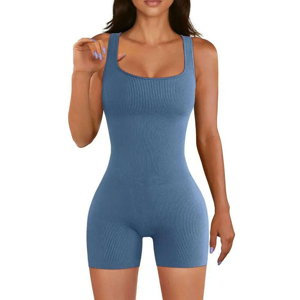 Women Sexy Yoga Ribbed Jumpsuit Short Sleeve Square Neck Slim Fit Bodysuit Yoga Sport Playsuit Breathable Playsuit 2024 - KIMLUD