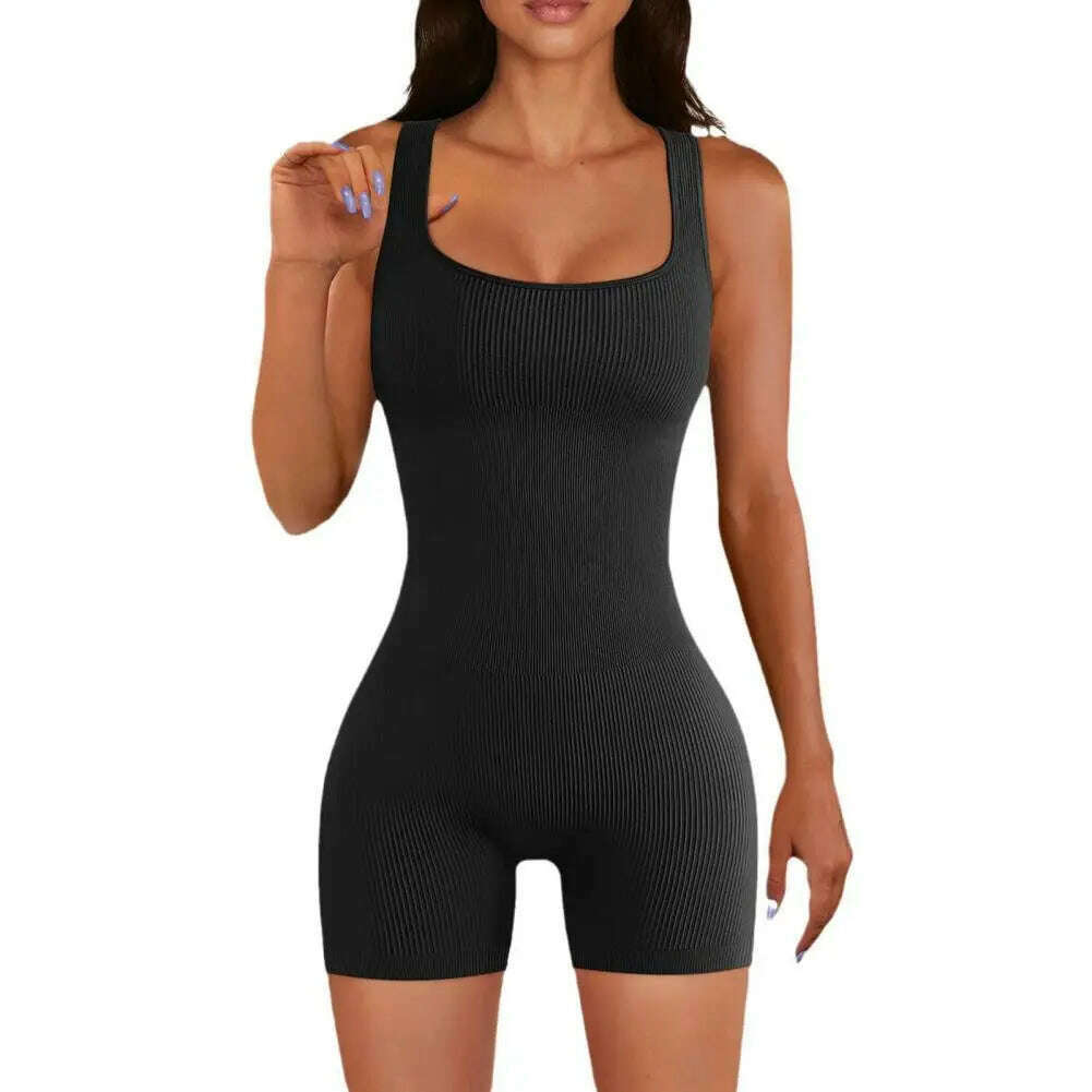 Women Sexy Yoga Ribbed Jumpsuit Short Sleeve Square Neck Slim Fit Bodysuit Yoga Sport Playsuit Breathable Playsuit 2024 - KIMLUD