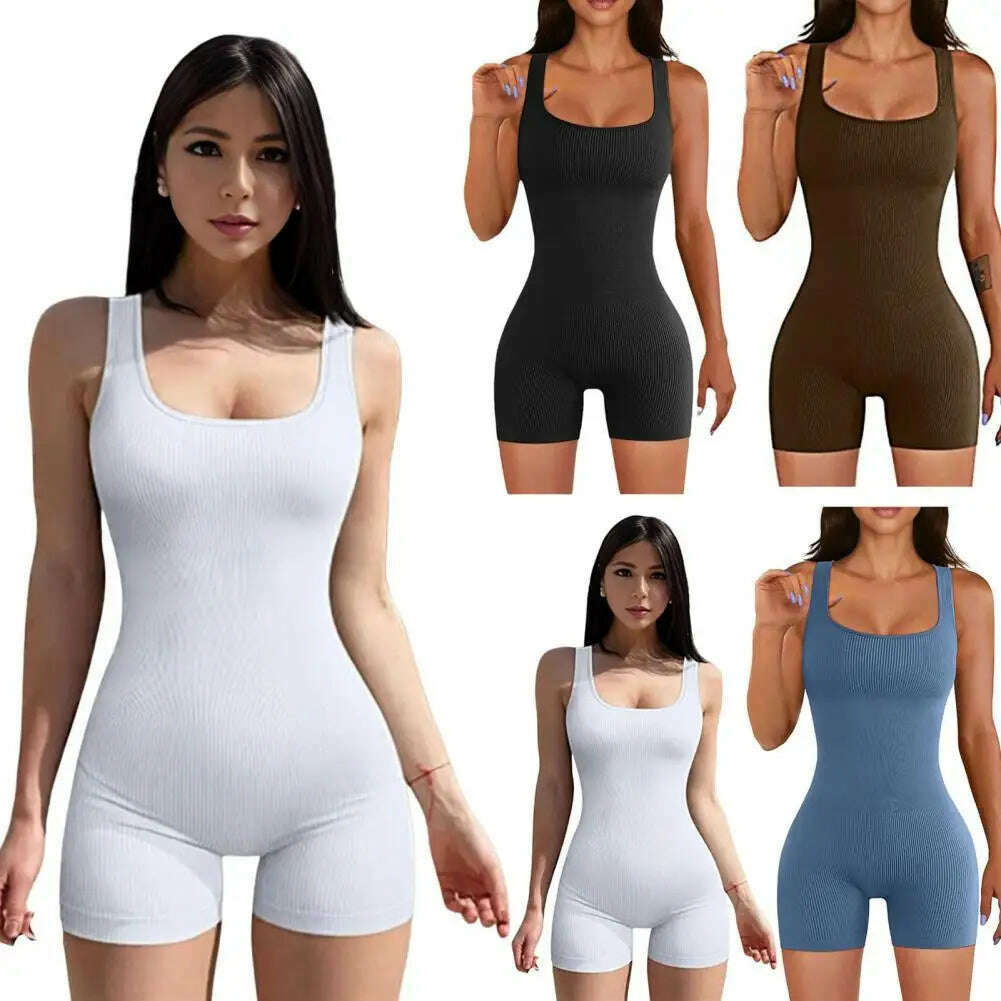 Women Sexy Yoga Ribbed Jumpsuit Short Sleeve Square Neck Slim Fit Bodysuit Yoga Sport Playsuit Breathable Playsuit 2024 - KIMLUD