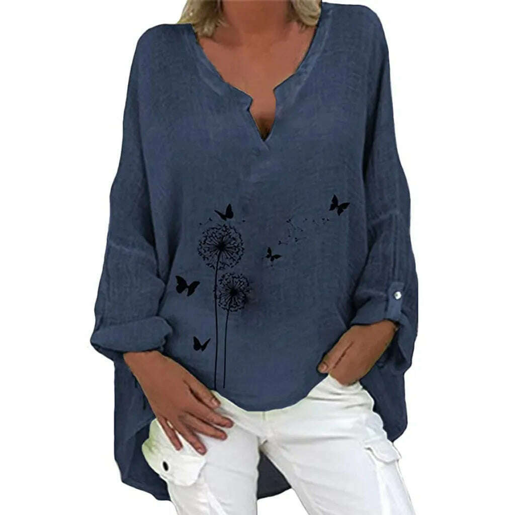 KIMLUD, Women Shirt Boho Clothing Cotton And Linen Plus Size Embroidery V-neck Long Sleeves Casual Blouse Tops Blouse Femme Blanche#JJ, Navy / M / CHINA, KIMLUD APPAREL - Womens Clothes