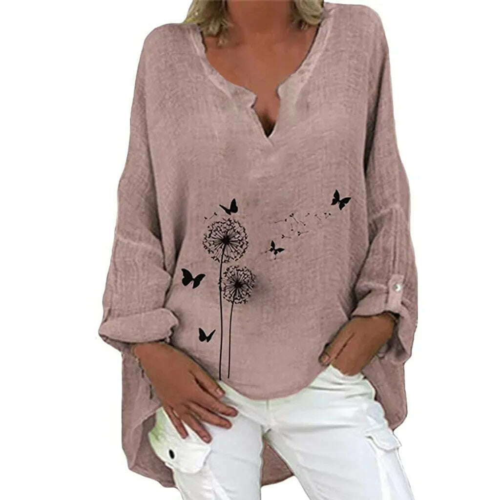 KIMLUD, Women Shirt Boho Clothing Cotton And Linen Plus Size Embroidery V-neck Long Sleeves Casual Blouse Tops Blouse Femme Blanche#JJ, Pink / XL / CHINA, KIMLUD APPAREL - Womens Clothes