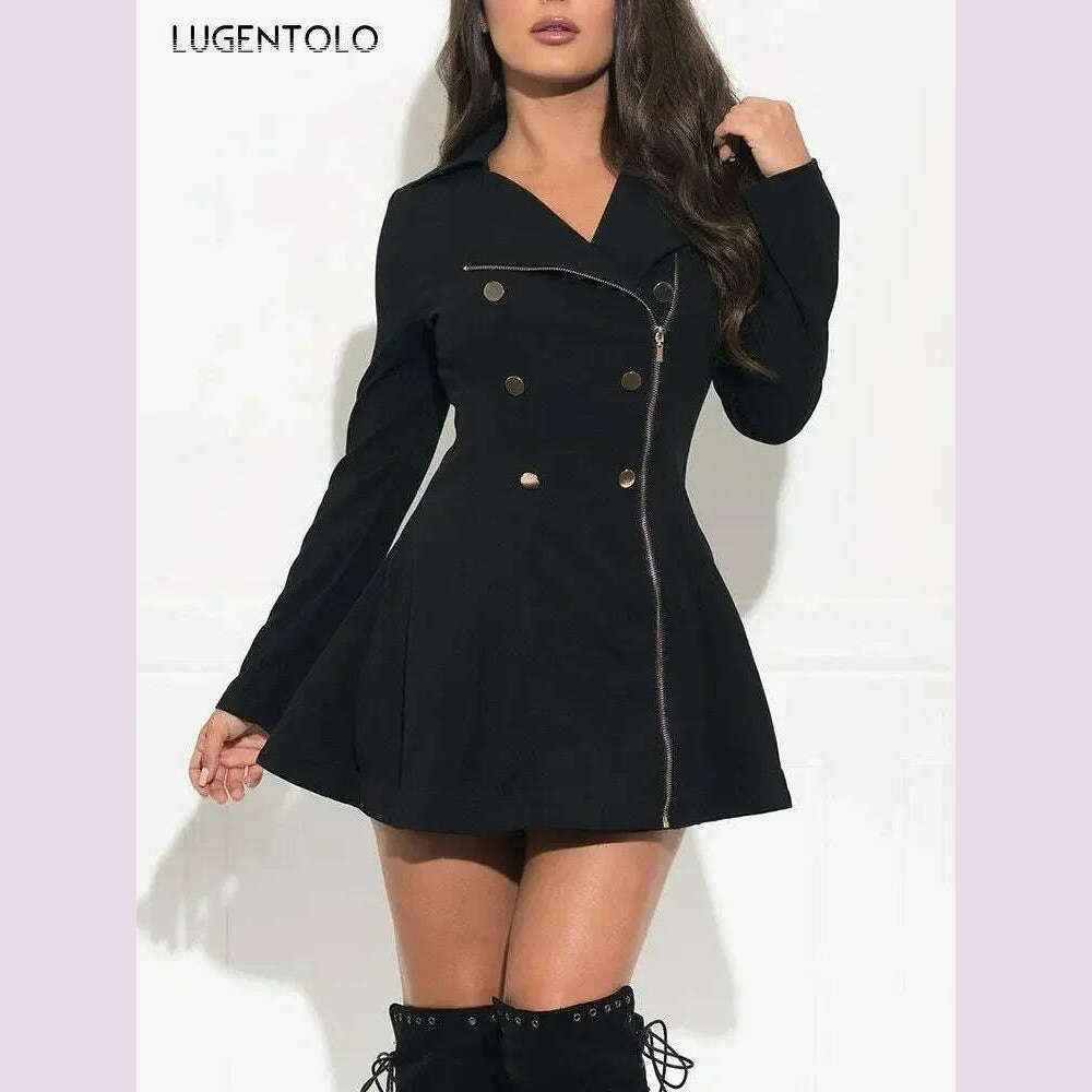 Women Short Trench Sexy Slim Zipper Double Breasted Spring Thin Jackets Black Solid Lapel Elegant Midi Dress - KIMLUD