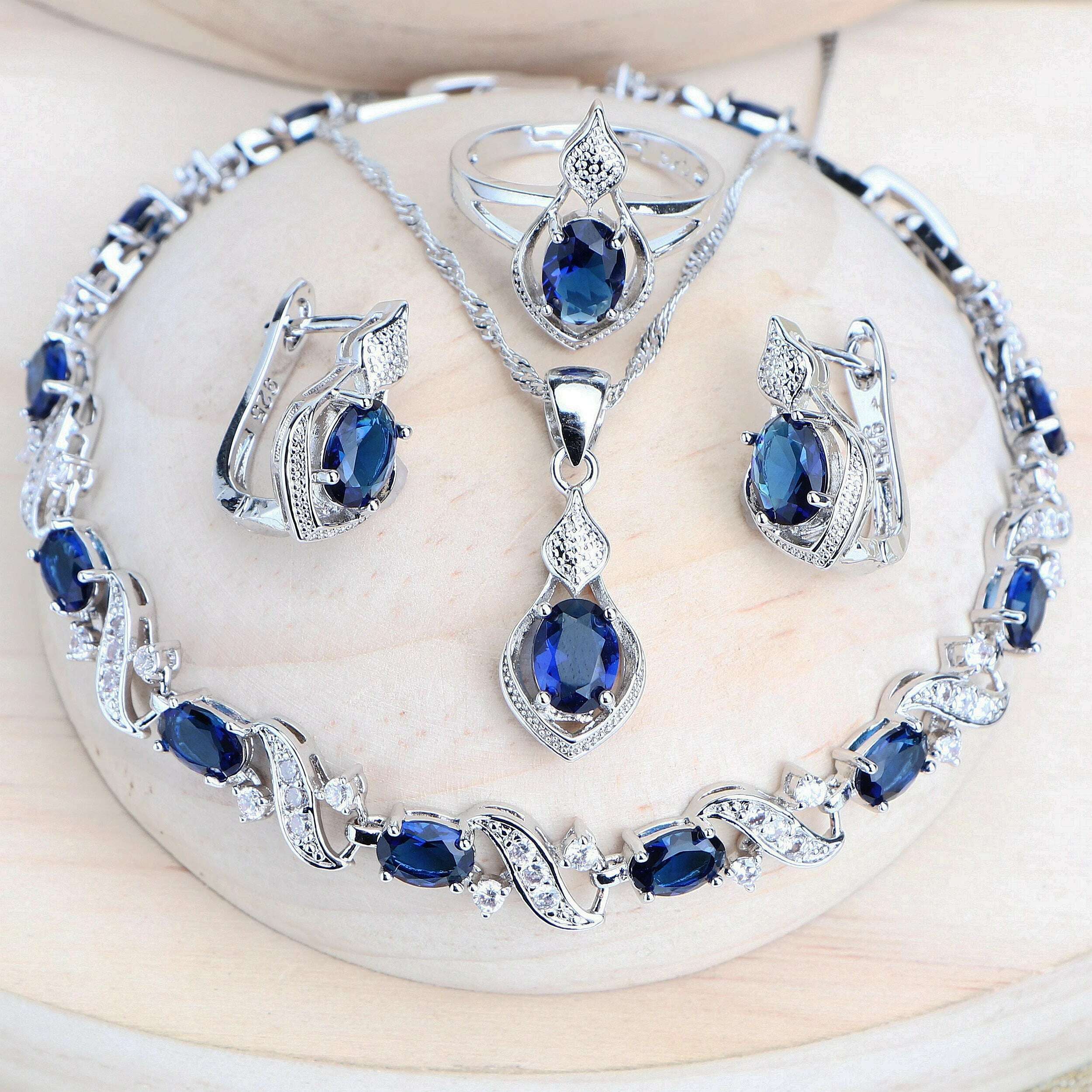 Women Silver 925 Bridal Jewelry Sets Blue Cubic Zirconia Costume Jewellery Wedding Earrings Rings Bracelets Pendant Necklace - KIMLUD