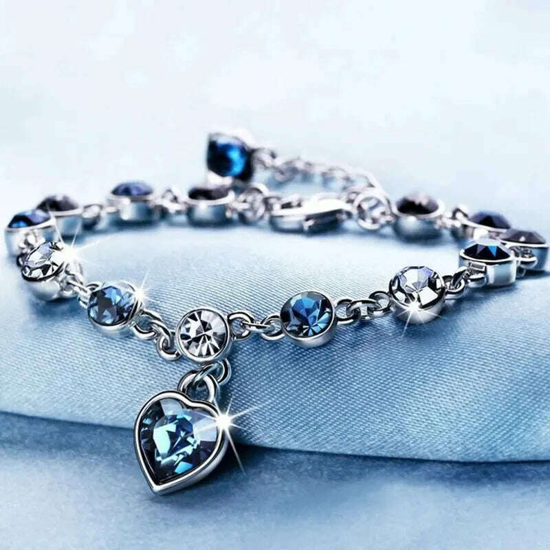 Women Silver Color Lucky Bracelet Female Blue Crystal Heart Charm Pulseras Bracelet Bridal Wedding Engagement Fine Jewelry Gift - KIMLUD