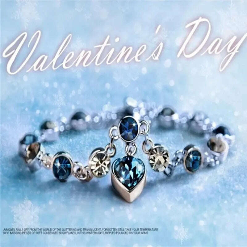 Women Silver Color Lucky Bracelet Female Blue Crystal Heart Charm Pulseras Bracelet Bridal Wedding Engagement Fine Jewelry Gift - KIMLUD