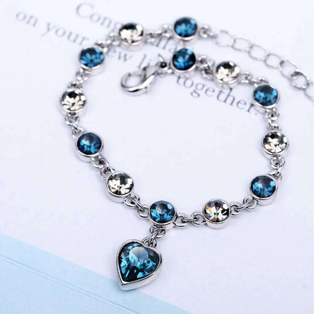 KIMLUD, Women Silver Color Lucky Bracelet Female Blue Crystal Heart Charm Pulseras Bracelet Bridal Wedding Engagement Fine Jewelry Gift, KIMLUD Womens Clothes