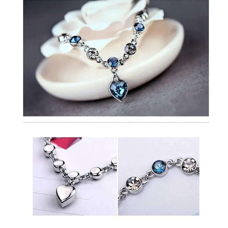 Women Silver Color Lucky Bracelet Female Blue Crystal Heart Charm Pulseras Bracelet Bridal Wedding Engagement Fine Jewelry Gift - KIMLUD