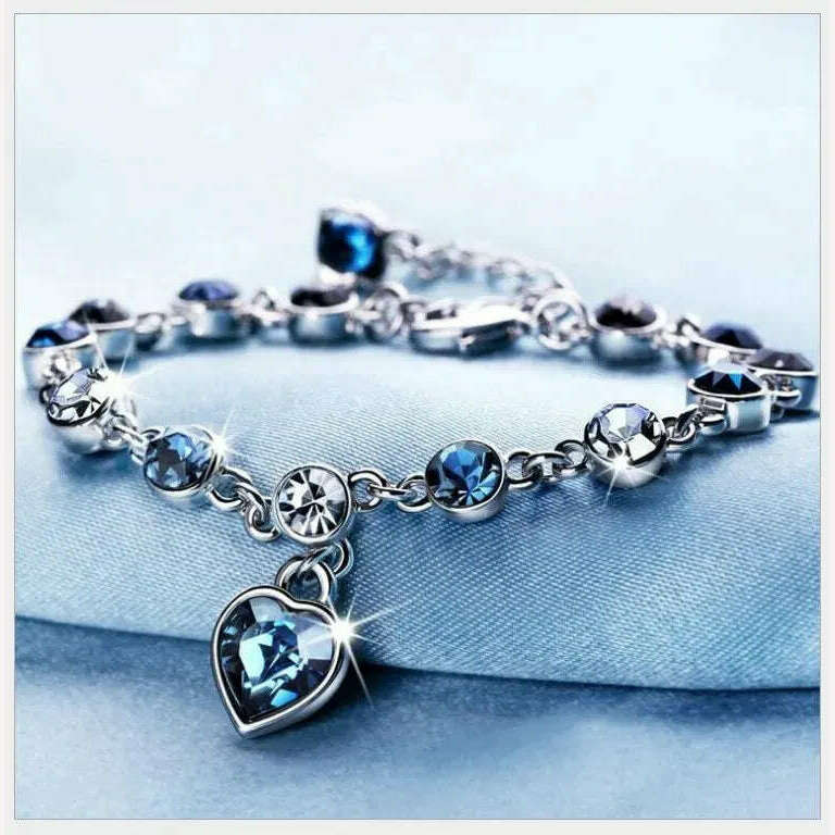 Women Silver Color Lucky Bracelet Female Blue Crystal Heart Charm Pulseras Bracelet Bridal Wedding Engagement Fine Jewelry Gift - KIMLUD