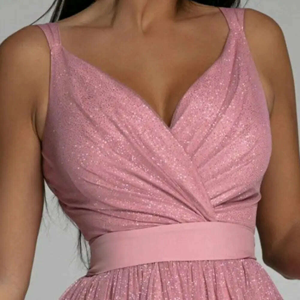 Women Sleeveless Sequin Club Party Dress Sexy Tight Waist Sleeveless Double-layer Loose Hem Prom Evening Dress Bridesmaid Dress - KIMLUD