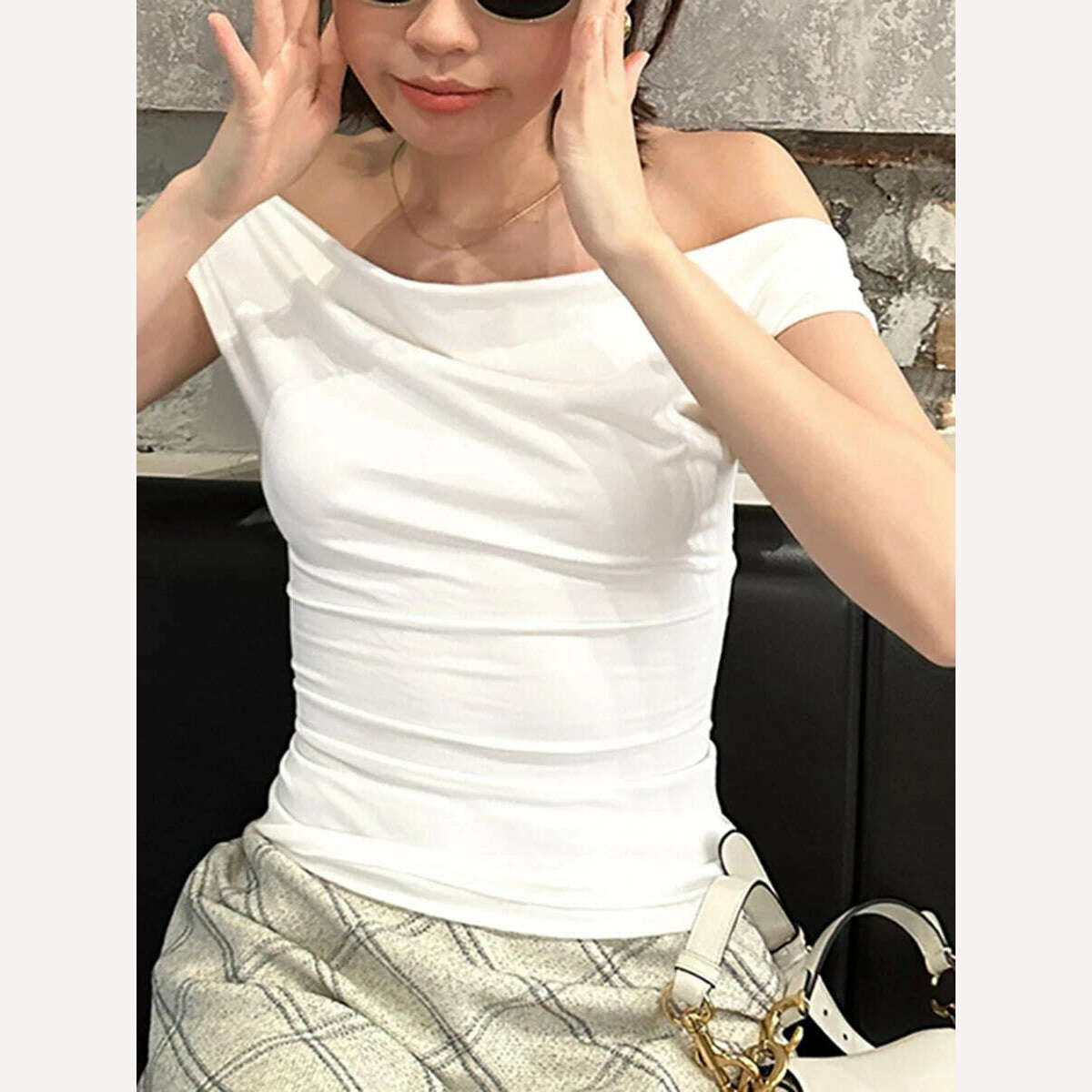 KIMLUD, Women Summer Casual Short Sleeve Crop Tops Solid Color Off Shoulder Boat Neck  Backless Slim Fit Tops Streetwear, KIMLUD Womens Clothes