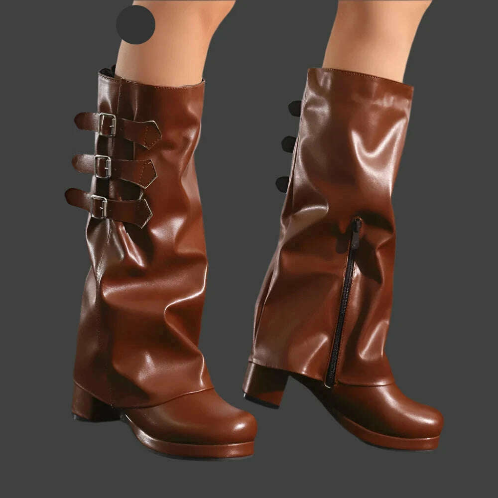 Women Thick Bottom Motorcycle Boots Women Knee High Boots Autumn Winter Women Gothic Punk Buckle Casual Boots Brown White Black - KIMLUD