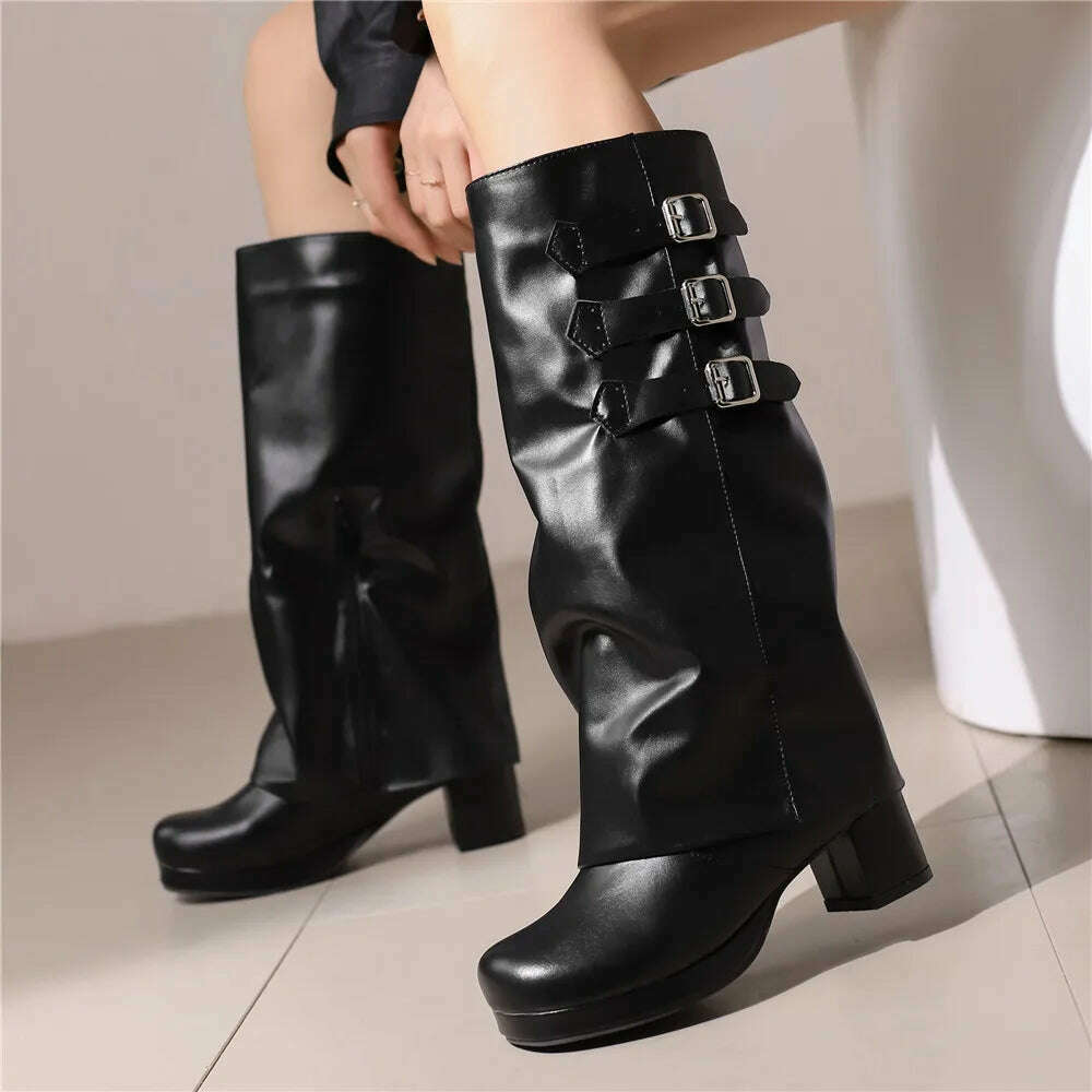 Women Thick Bottom Motorcycle Boots Women Knee High Boots Autumn Winter Women Gothic Punk Buckle Casual Boots Brown White Black - KIMLUD