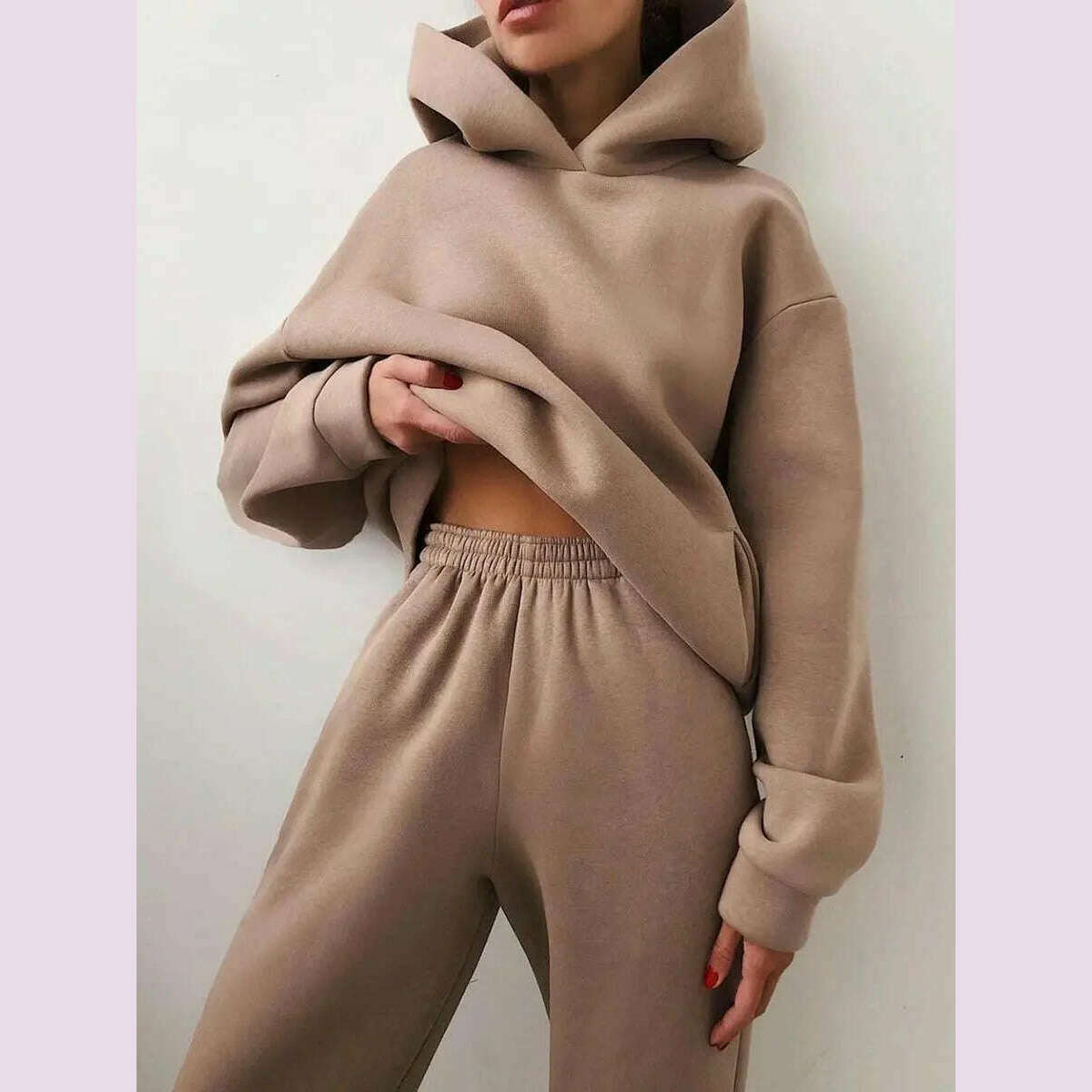 KIMLUD, Women Tracksuit Hoodies Casual Solid Long Sleeve Fleece Warm Hooded Sportswear Suit Hoody Pullovers Long Pant Two Pieces Sets, khaki / S, KIMLUD APPAREL - Womens Clothes