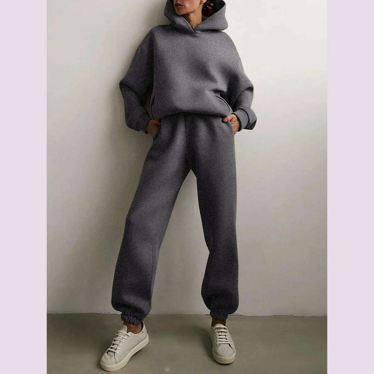 KIMLUD, Women Tracksuit Hoodies Casual Solid Long Sleeve Fleece Warm Hooded Sportswear Suit Hoody Pullovers Long Pant Two Pieces Sets, Dark Grey / M, KIMLUD APPAREL - Womens Clothes