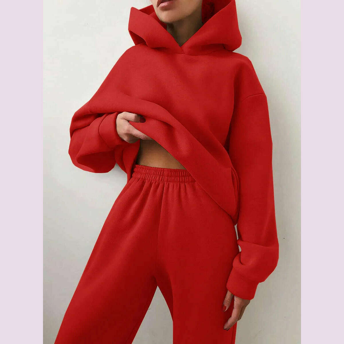 KIMLUD, Women Tracksuit Hoodies Casual Solid Long Sleeve Fleece Warm Hooded Sportswear Suit Hoody Pullovers Long Pant Two Pieces Sets, Red / L, KIMLUD APPAREL - Womens Clothes