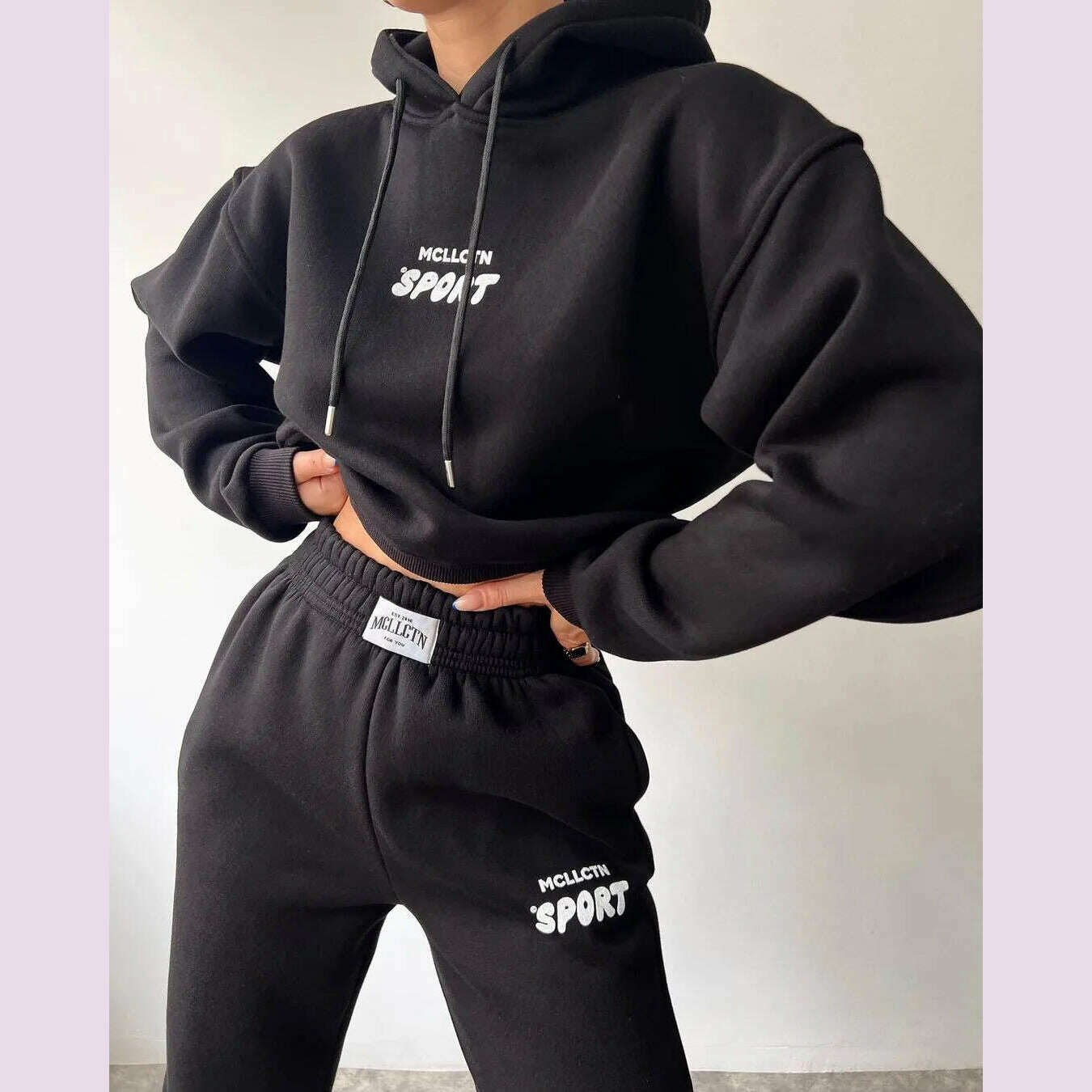 Women Tracksuit Solid Long Sleeve Letter Print Hoodie 2024 Fall Casual Loose Hooded Sets Warm Suit Trousers Two Piece Pants Sets - KIMLUD