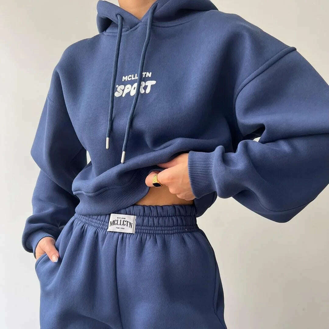 KIMLUD, Women Tracksuit Solid Long Sleeve Letter Print Hoodie 2024 Fall Casual Loose Hooded Sets Warm Suit Trousers Two Piece Pants Sets, KIMLUD Womens Clothes