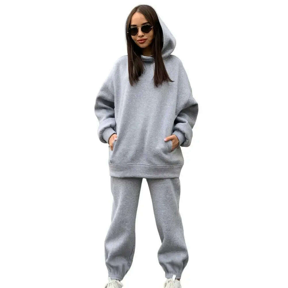 KIMLUD, Women Two Piece Sets Tracksuit Hooded Sweatshirt Tops Sweatpants Pants Set Female Spring Autumn Long Sleeve Pullover Sports Set, Light Grey / L, KIMLUD APPAREL - Womens Clothes