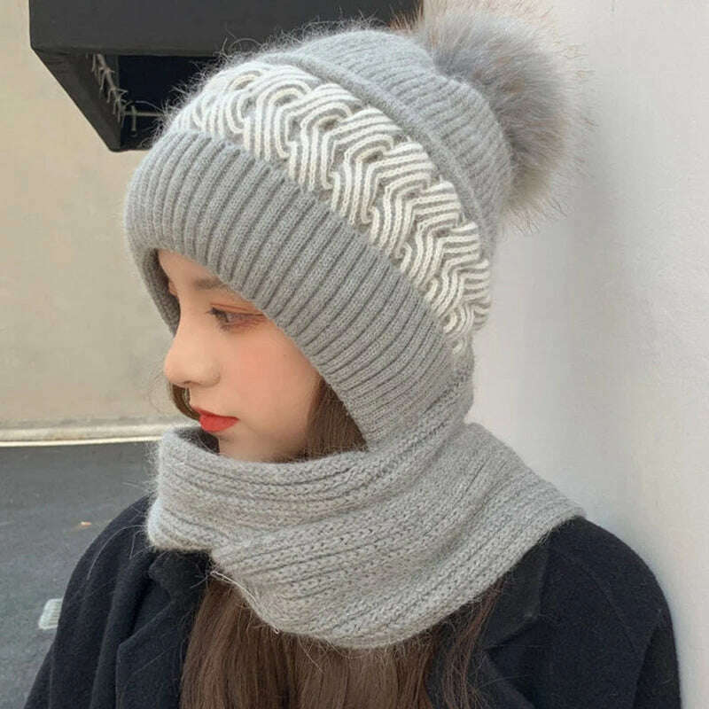 KIMLUD, Women Winter Hood Beanies Thick Woolen Knitted Hat+Scarf Fur Pompom Crochet Bonnet Outdoor Ski Female Cap Warm Headgear, Light Grey, KIMLUD APPAREL - Womens Clothes